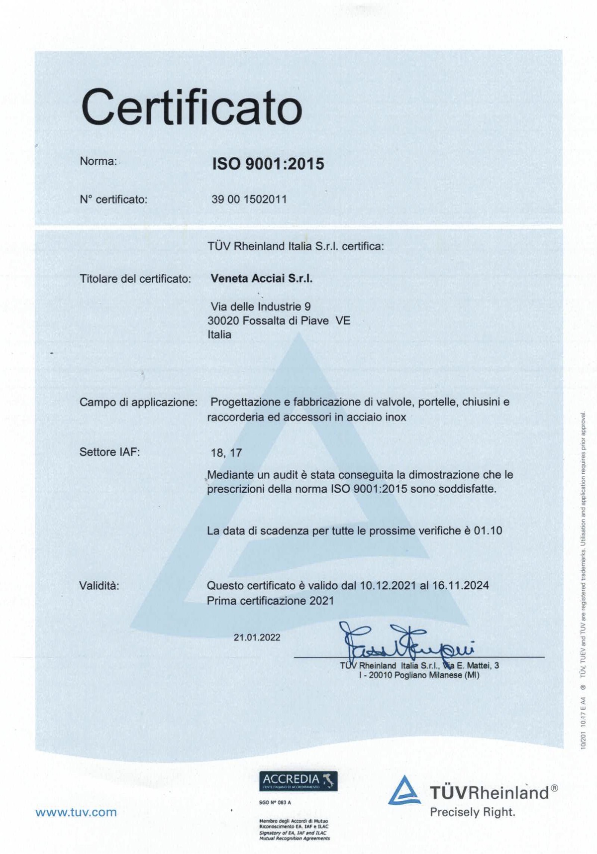 Veneta Acciai ISO9001